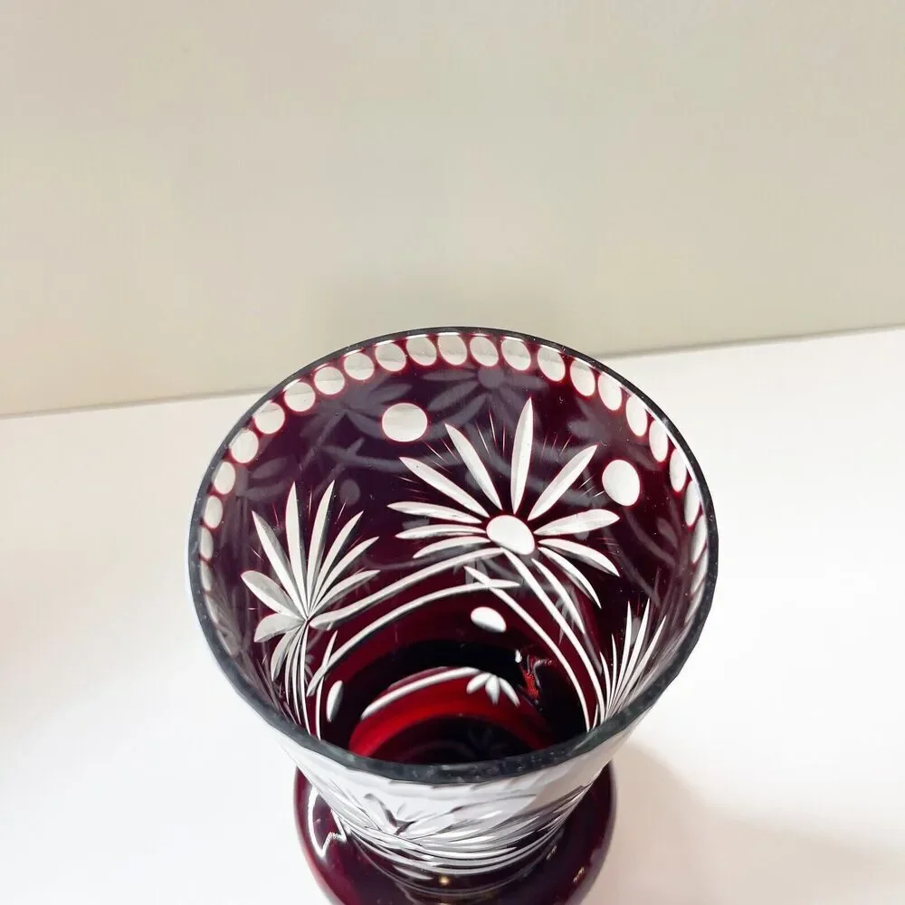 Vintage Bohemian Ruby Red Vase‎ Cut To Clear Crystal Etched Decorative Glassware